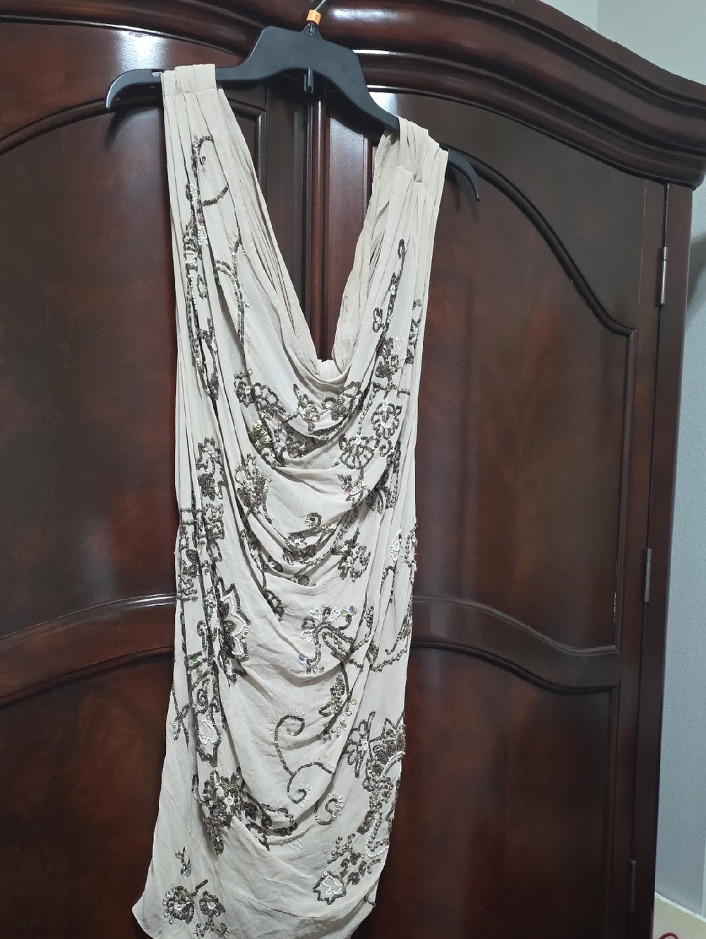 Sleeveless Cream Embellished Draped Cocktail Top